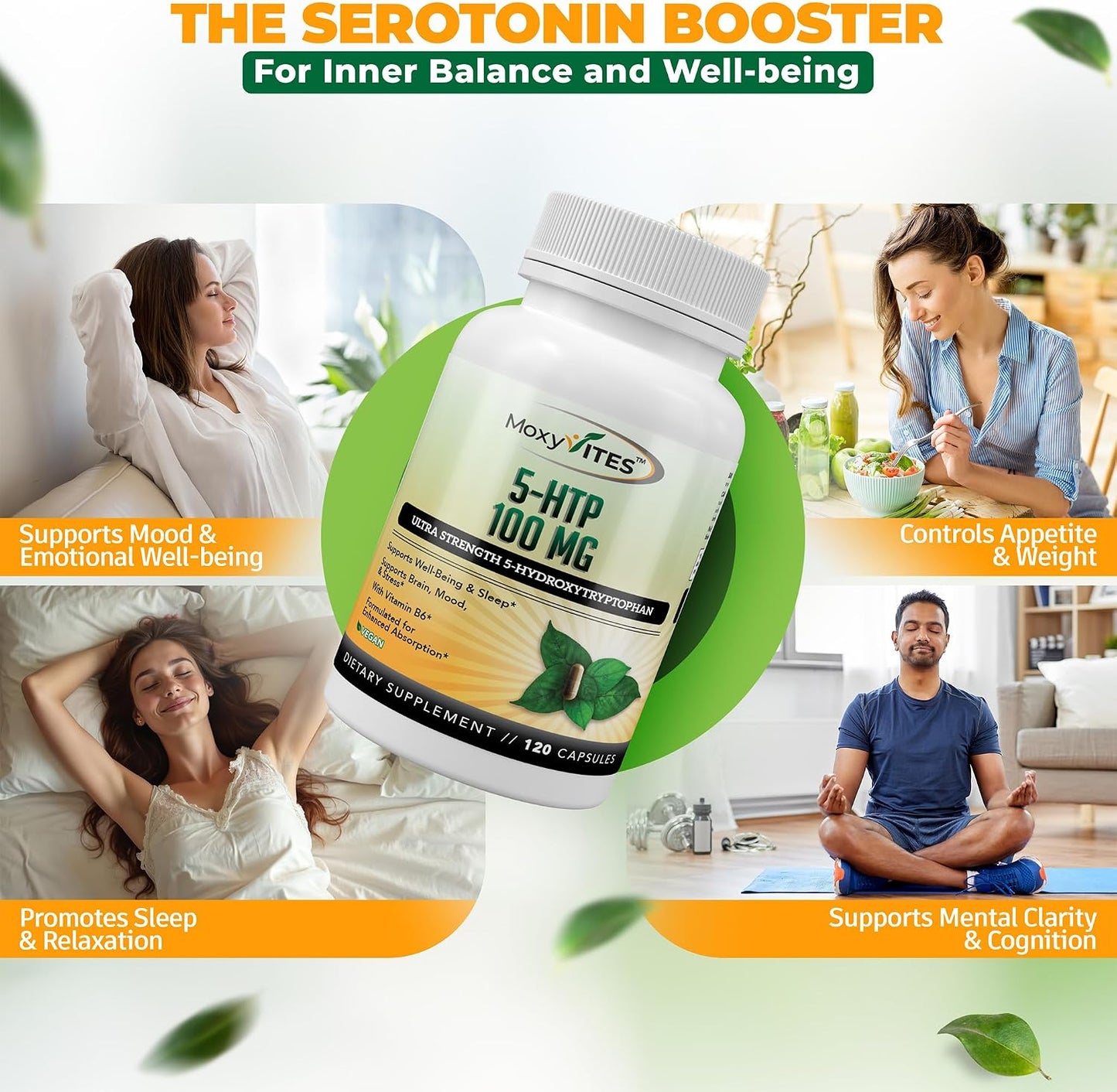 MoxyVites 5HTP 100mg Supplement, Plus B6, 5 HTP Organic Whole Food - Best Serotonin Booster - Non-GMO, 120 Vegan Capsules