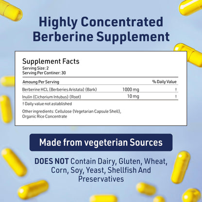 AgeImmune Berberine 1000mg Supplement Complex with Inulin Prebiotic - Berberine HCL 500mg per Capsule - Doctor Formulated and Third Party Tested Berberine Supplement