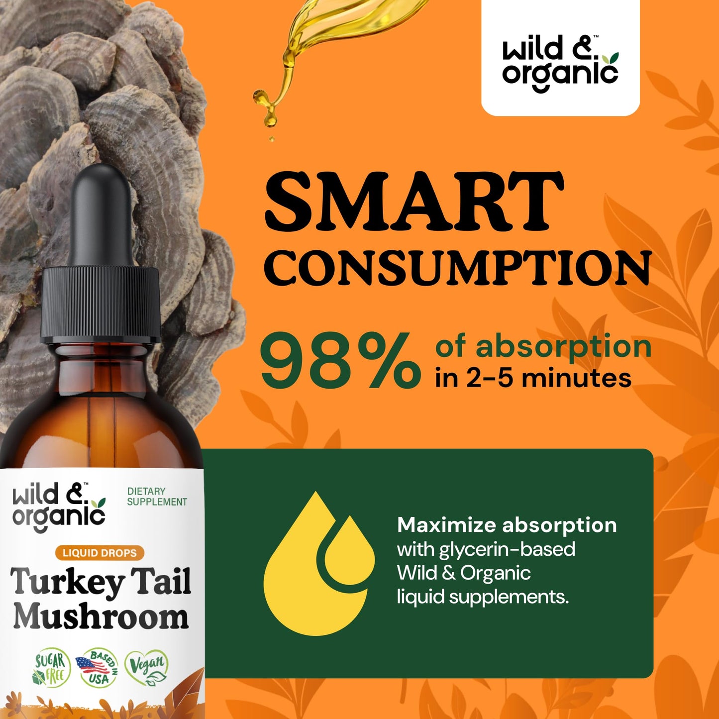 Wild & Organic Turkey Tail Mushroom Tincture - Immune Support Drops with Turkey Tail Extract - Liquid Mushroom Supplement for Gut Support - Vegan, Sugar & Alcohol-Free - 4 fl oz