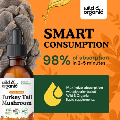 Wild & Organic Turkey Tail Mushroom Tincture - Immune Support Drops with Turkey Tail Extract - Liquid Mushroom Supplement for Gut Support - Vegan, Sugar & Alcohol-Free - 4 fl oz