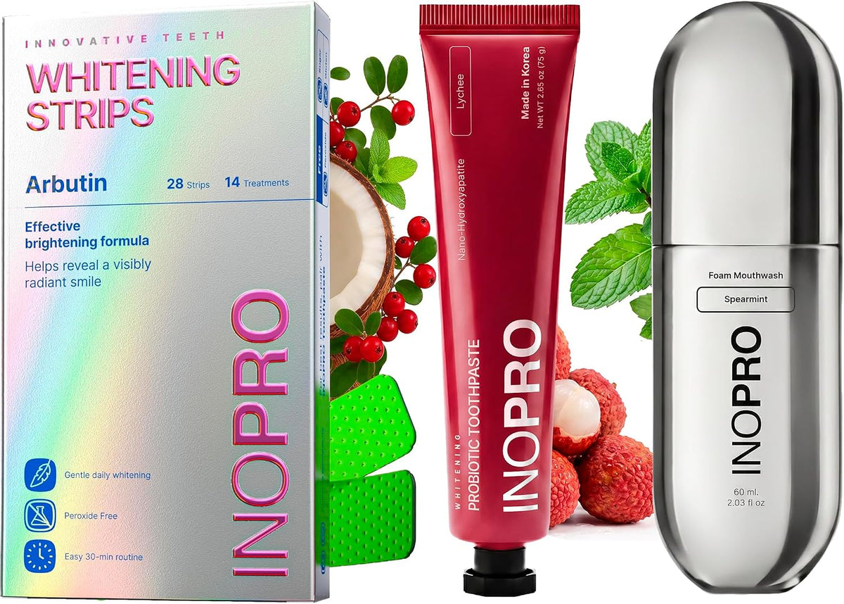 InoPro Teeth Whitening Strips 14 Treatments Kit + Lychee Nano-Hydroxyapatite Whitening Toothpaste with Probiotic + Spearmint Foam Mouthwash with Nano-Hydroxyapatite, Xylitol, Hyaluronic Acid