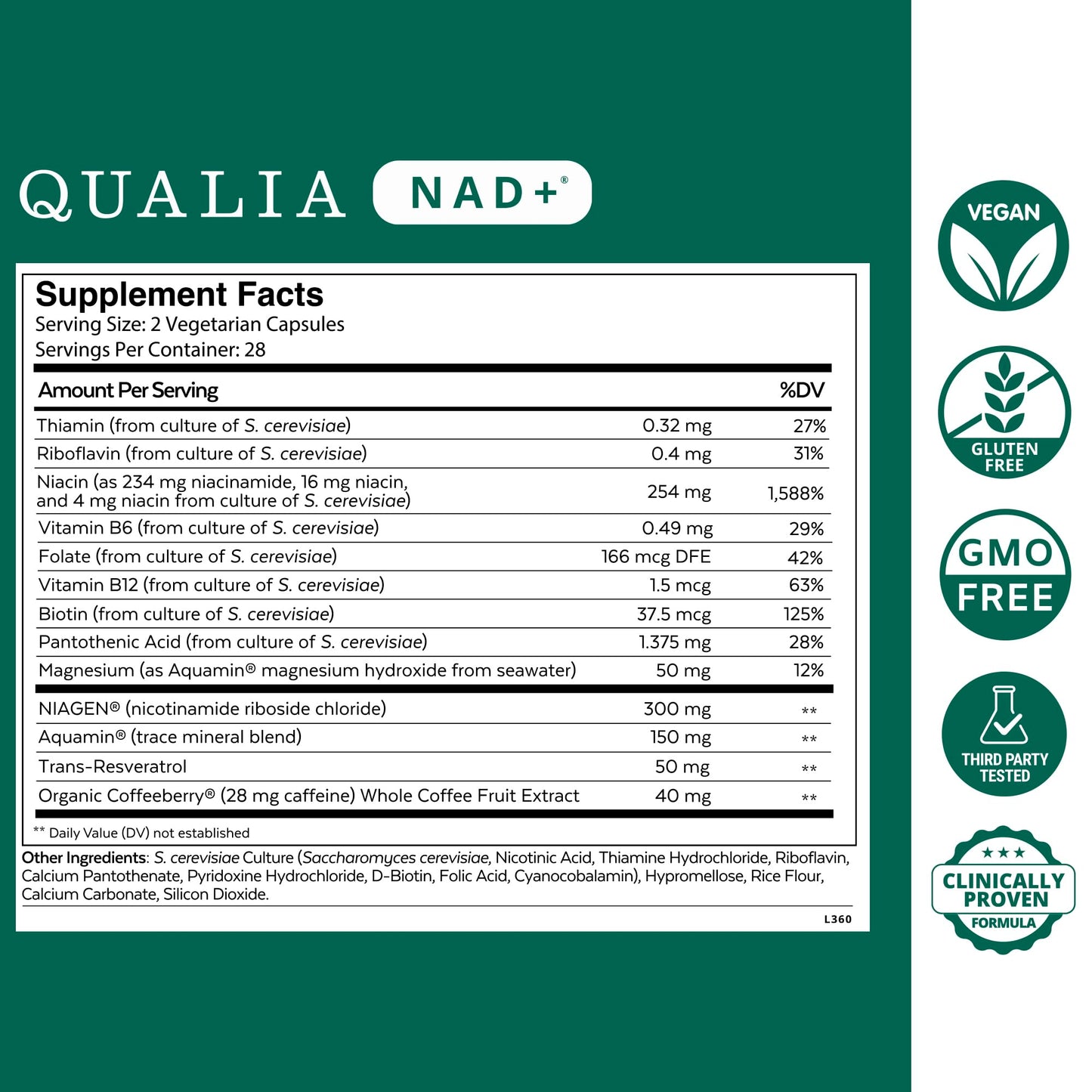 Qualia NAD Supplement — Clinically Proven to Boost NAD+ up to 67%. Optimized Aging, Energy, Focus. Elite Ingredients Nicotinamide Riboside (NIAGEN), Niacin, Niacinamide (1 Month Supply)