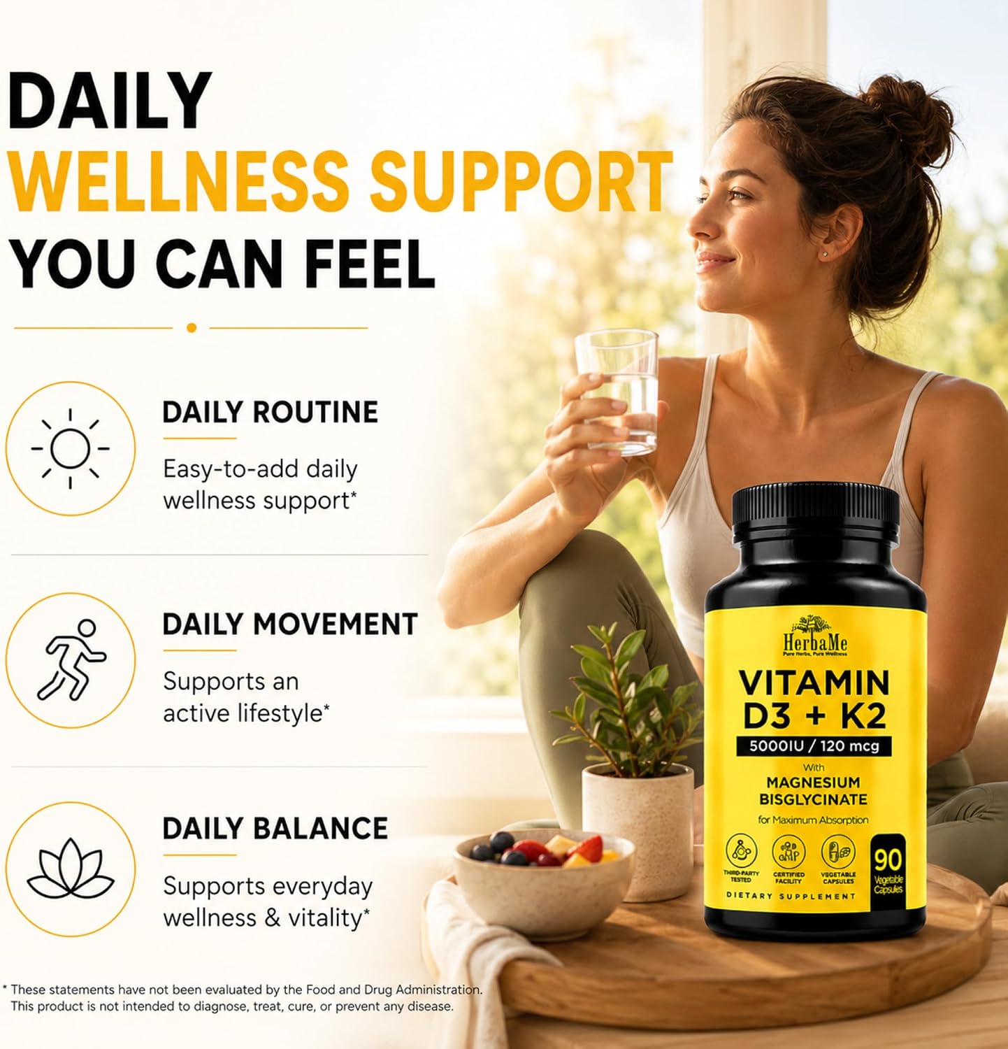 HerbaMe Vitamin D3 5000 IU + K2 with Magnesium Bisglycinate | Complete D3 Activation & Absorption Support Formula | Bone, Muscle & Immune Wellness | 90 Capsules