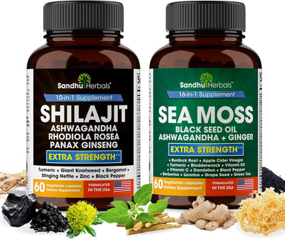 Sandhu Herbals Bundle - Sea Moss, Shilajit, Black Seed Oil, Ashwagandha, Ginger, Rhodiola Rosea, Panax Ginseng, Stinging Nettle