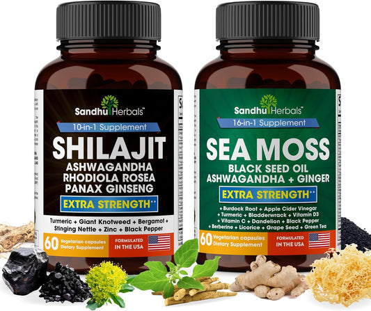 Sandhu Herbals Bundle - Sea Moss, Shilajit, Black Seed Oil, Ashwagandha, Ginger, Rhodiola Rosea, Panax Ginseng, Stinging Nettle