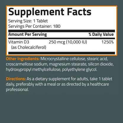 Bronson Vitamin D3 10,000iu (250mcg) Healthy Muscle Function and Immune Support, Non-GMO, 360 Tablets