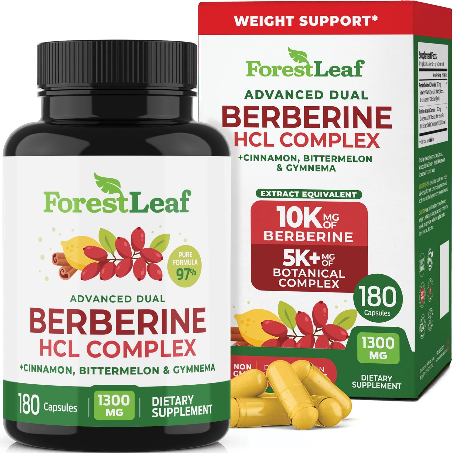 ForestLeaf Berberine Supplement - 1300mg per Serving - Ultra High Potency Berberine HCl with Ceylon Cinnamon, Bitter Melon & Gymnema - GLP-1 Weight Management Support - 90 Caps