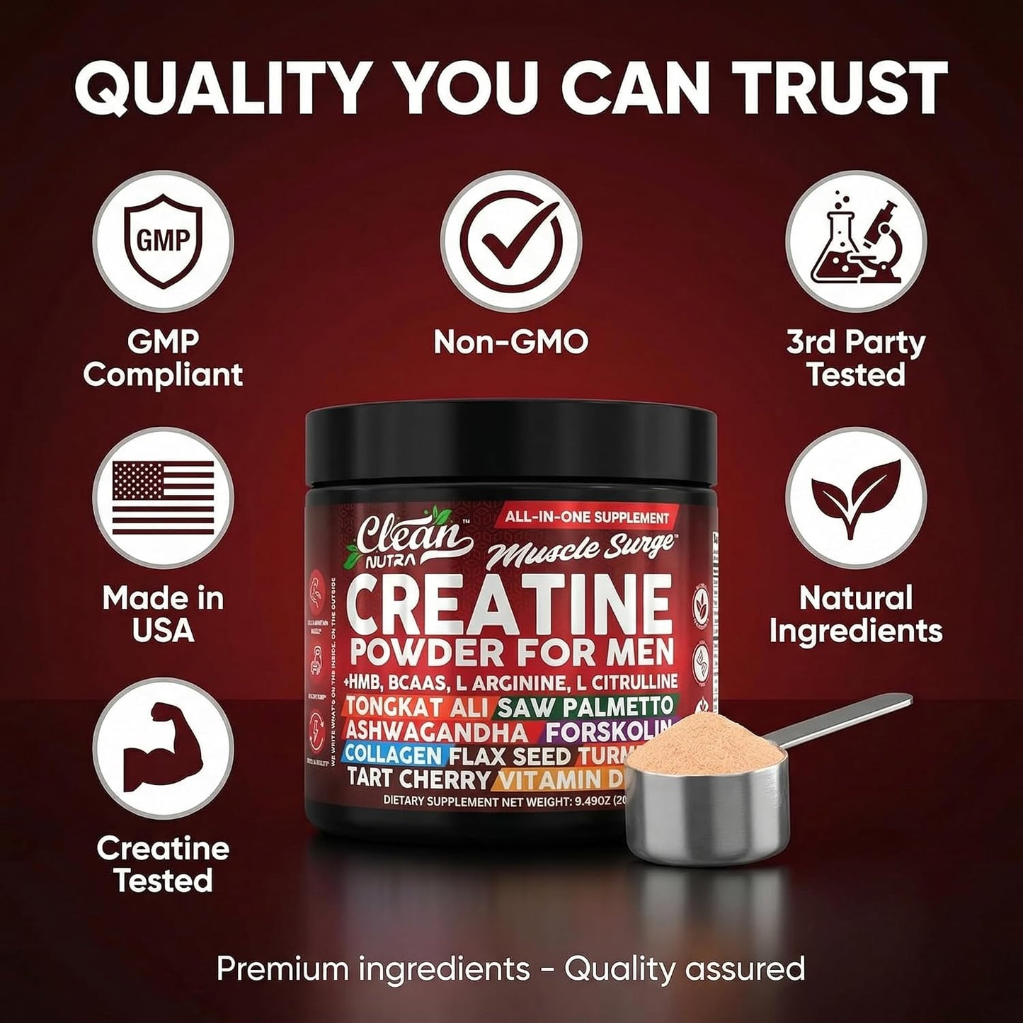 Clean Nutra Creatine Powder for Men + HMB BCAA L Arginine L Citrulline Tongkat Ali Saw Palmetto Ashwagandha Collagen Flax Seed Turmeric Preworkout Stevia Nitric Oxide L Glutamine Amino Acids