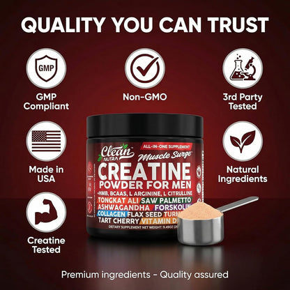 Clean Nutra Creatine Powder for Men + HMB BCAA L Arginine L Citrulline Tongkat Ali Saw Palmetto Ashwagandha Collagen Flax Seed Turmeric Preworkout Stevia Nitric Oxide L Glutamine Amino Acids