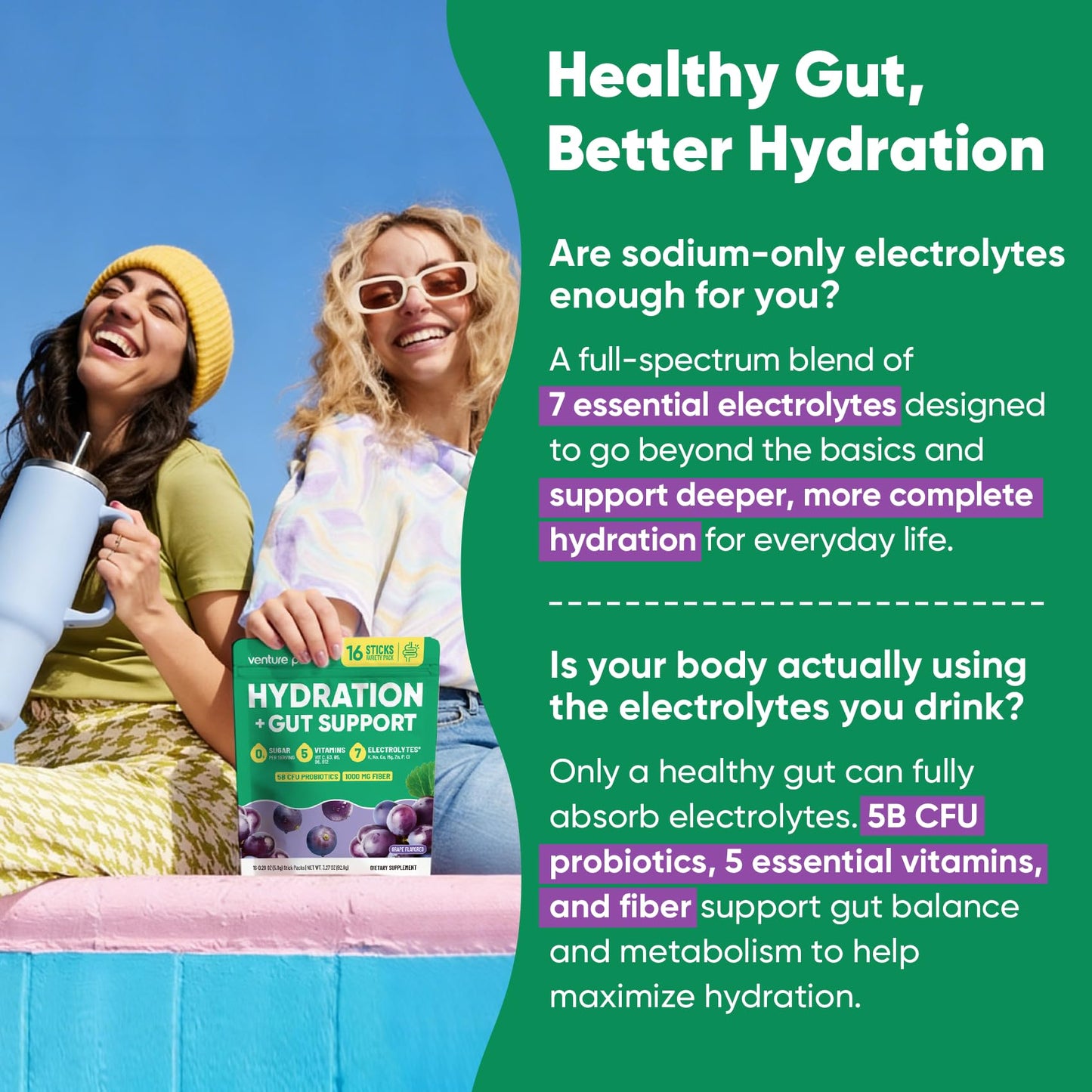 Venture Pal Sugar Free Hydration Packets + Gut Health Electrolytes Powder | Liquid Daily IV with 7 Electrolytes, 5 Vitamins, Probiotics & Fiber for Dehydration Relief and Gut Health Support