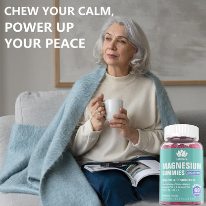 Magnesium Complex Gummies 400 mg for Women Men with Prebiotics and Probiotics, Triple Calm Magnesium Glycinate Malate Citrate Gummy Supplement for Relaxation & Digestive Health-Sugar Free, Vegan 120ct