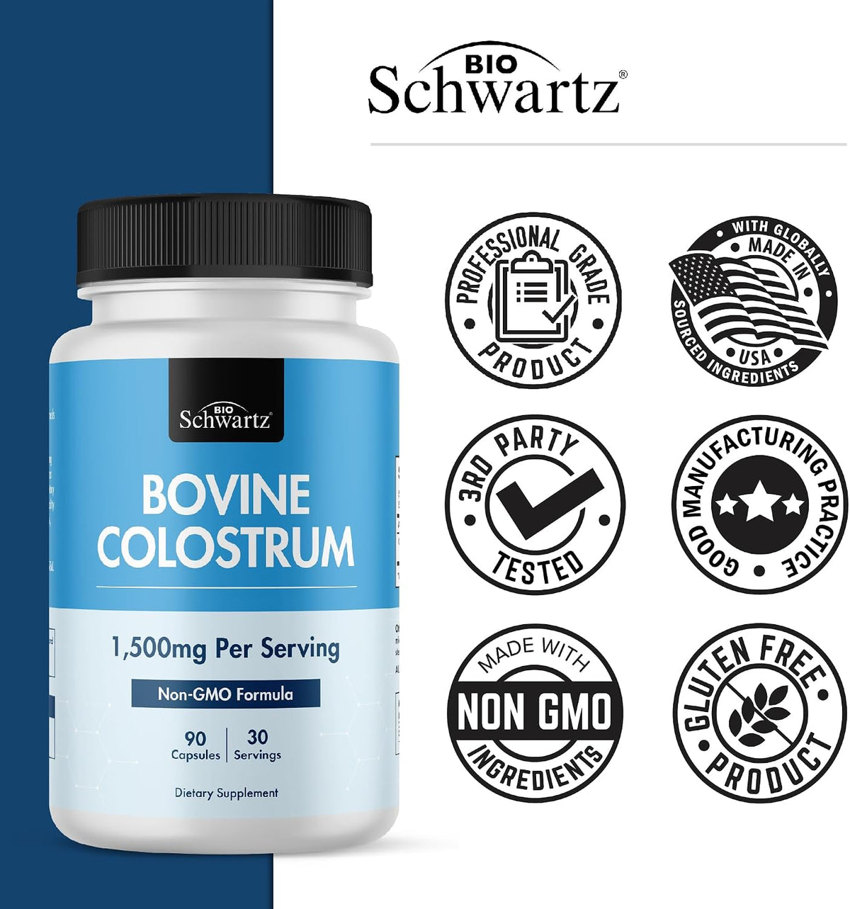 Colostrum Capsules 1500mg Per Serving, Grass-Fed, from First Milking, 90ct