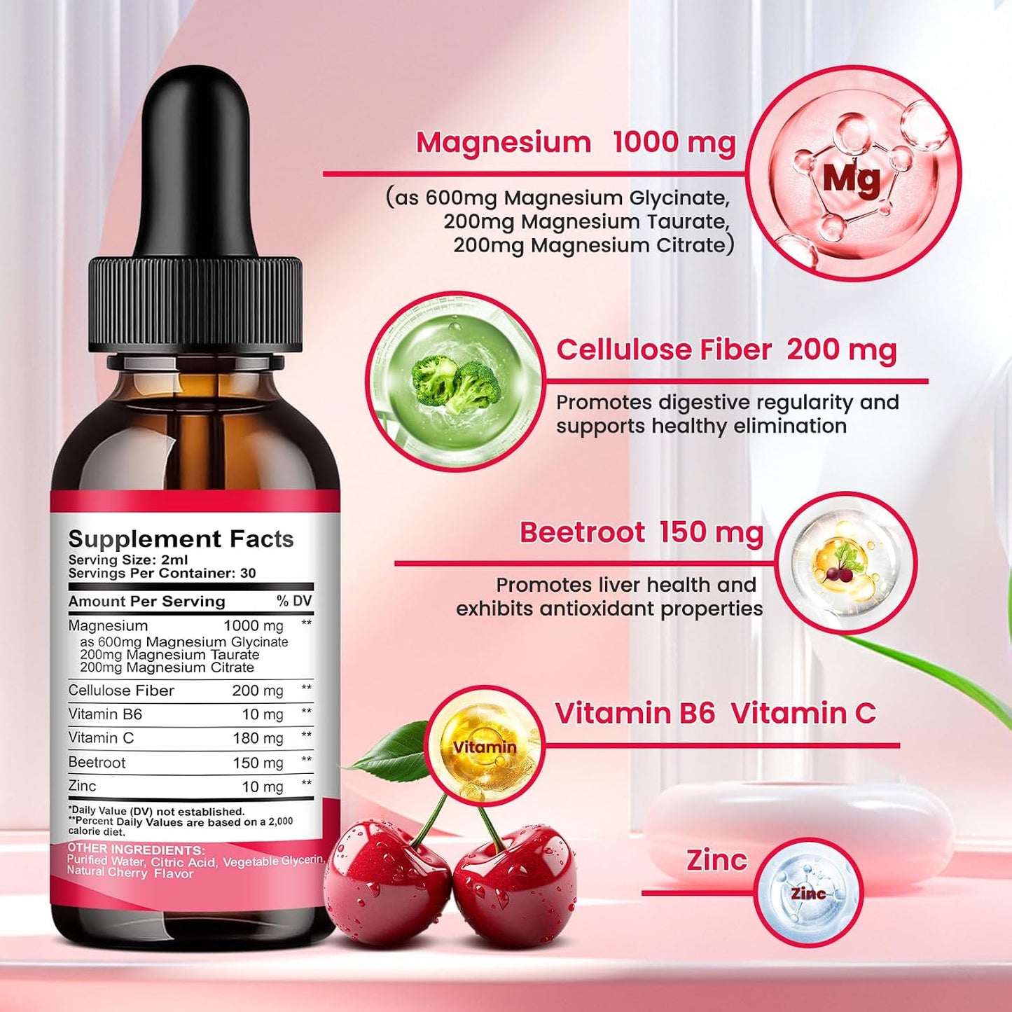 (2 Pack) Magnesium Glycinate Liquid Drop for Sleep, Nerve, Energy, Muscle Sugar-Free Pineapple & Cherry Flavor