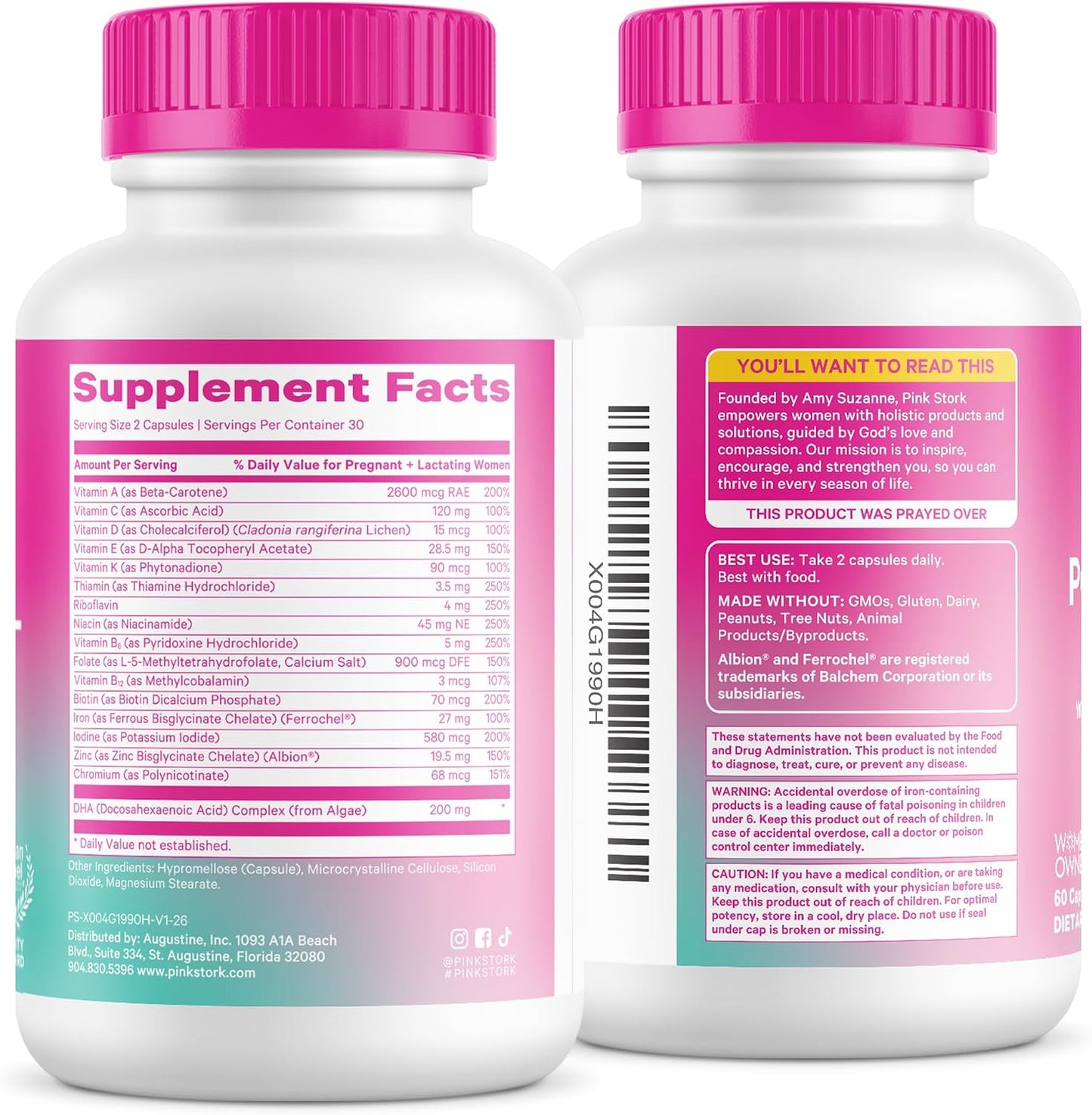 Pink Stork Total Postnatal Vitamins for Women, 60 Capsules, Mint | Vegan Algae DHA, Methylated Folate, Iron & B12, Postpartum Recovery & Lactation Support, Clean Label Award Winner, 1 Month