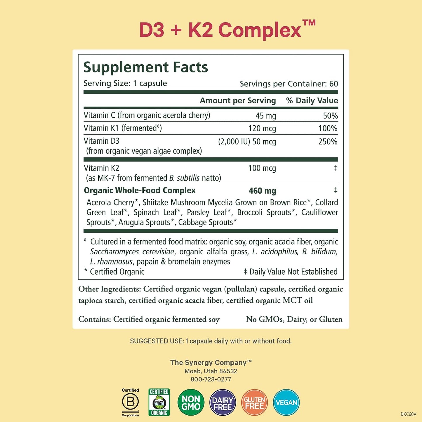 PURE SYNERGY D3 + K2 Complex | Vegan Vitamin D3 K2 Complex | Organic D3 Supplement with Vitamin K2 and K1 Plus Organic Whole Foods | Supports Bone, Brain, and Immune Health (60 Capsules)