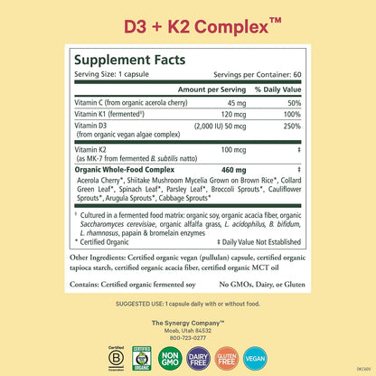 PURE SYNERGY D3 + K2 Complex | Vegan Vitamin D3 K2 Complex | Organic D3 Supplement with Vitamin K2 and K1 Plus Organic Whole Foods | Supports Bone, Brain, and Immune Health (60 Capsules)