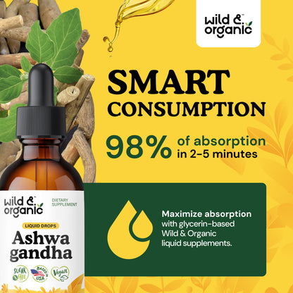 Wild & Organic Ashwagandha Drops - Mood Support & Positive Energy - 500 mg Ashwagandha for Women & Men - Add to Tea Liquid Extract for Relaxation - Non-GMO, Sugar & Alcohol-Free Tincture - 4 fl oz