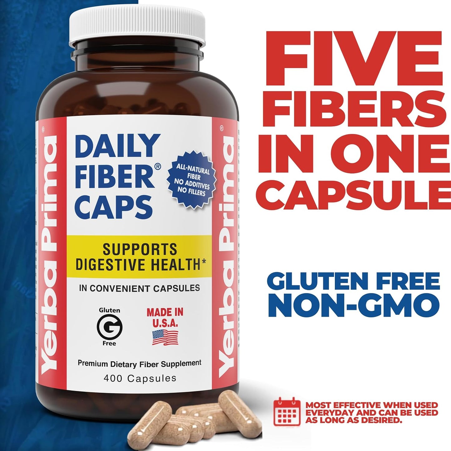 Yerba Prima Daily Fiber Caps Formula, 400 Capsules - Both Soluble and Insoluble - with Psyllium Seed Husks, Acacia Gum, Apple Fiber and More - Dietary Supplement