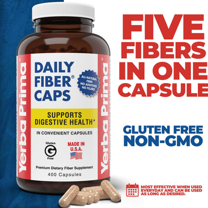 Yerba Prima Daily Fiber Caps Formula, 400 Capsules - Both Soluble and Insoluble - with Psyllium Seed Husks, Acacia Gum, Apple Fiber and More - Dietary Supplement