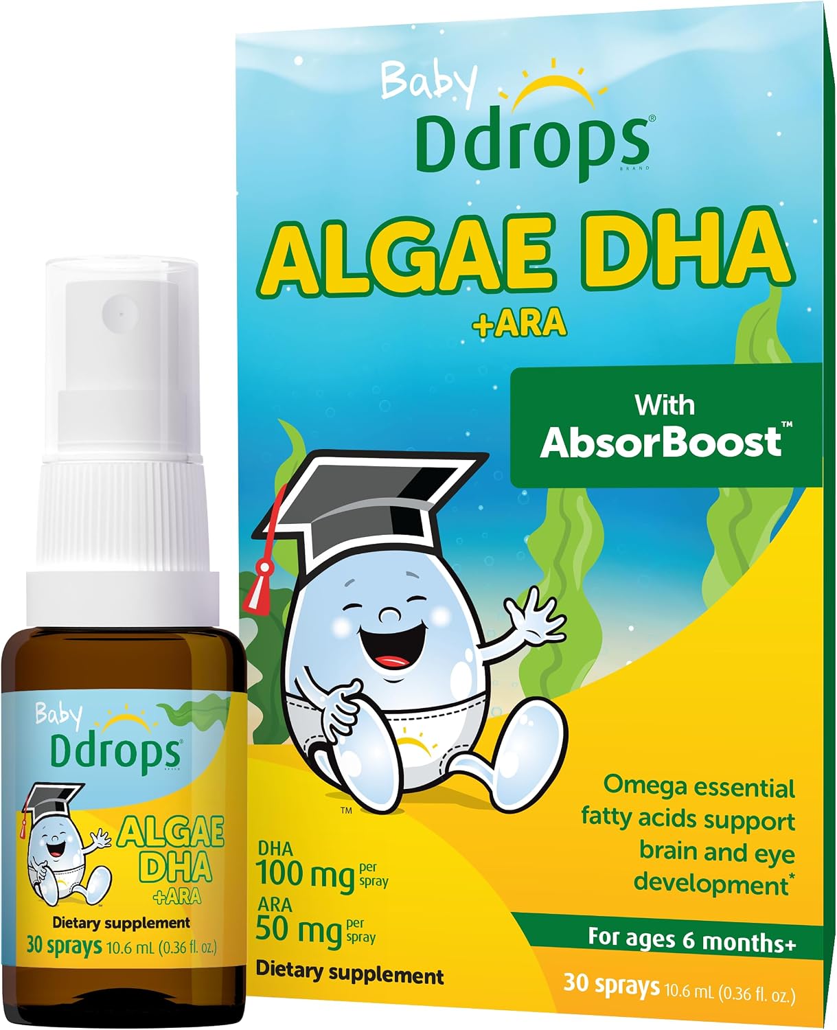 Ddrops Baby Algae DHA + ARA - 30 Sprays - Omega Essential Fatty Acids Support Brian and Eye Development - No Artificial Preservatives, Flavors or Colors