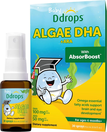 Ddrops Baby Algae DHA + ARA - 30 Sprays - Omega Essential Fatty Acids Support Brian and Eye Development - No Artificial Preservatives, Flavors or Colors