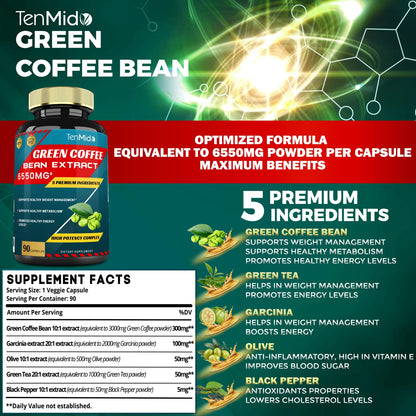 Green Coffee Bean Extract Capsules 6550mg, 3 Months Supply with Garcinia, Olive, Green Tea