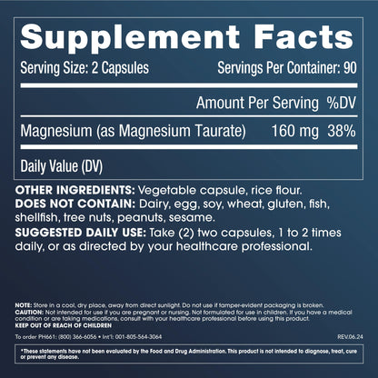 ProHealth Pure Magnesium Taurate, 160mg per Serving | Optimal Bioavailability Supplement for Healthy Aging | Supports Brain, Heart, and Muscle Health | Third-Party Tested for Quality | 180 Capsules