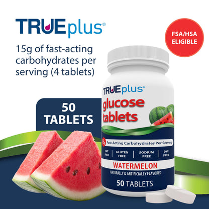 TRUEplus Glucose Tablets, Grape, Raspberry, Orange Flavors, 50 Count | Chewable Tablets, 15g Fast-Acting Carbohydrates, Fat Free, Gluten Free, Boosts Energy, Great Tasting and Easy to Use