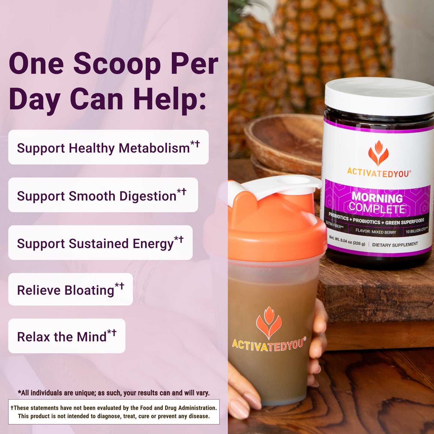 ACTIVATEDYOU Morning Complete Daily Wellness Greens Superfood Drink Mix for Gut Health w/Prebiotics, Probiotics, Antioxidants, Green Superfoods, 10 Billion CFUs, 30 Servings (Citrus)