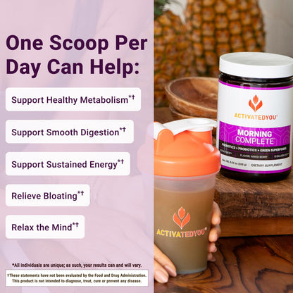 ACTIVATEDYOU Morning Complete Daily Wellness Greens Superfood Drink Mix for Gut Health w/Prebiotics, Probiotics, Antioxidants, Green Superfoods, 10 Billion CFUs, 30 Servings (Citrus)