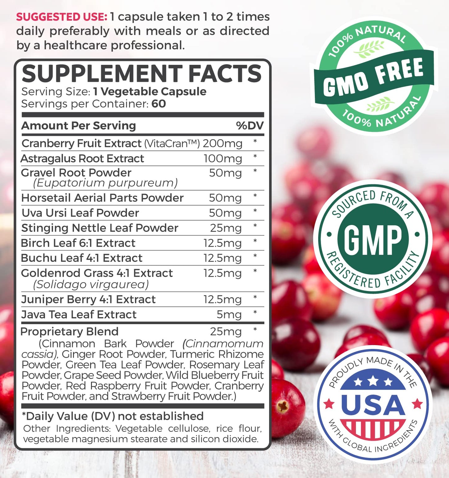 Kidney Cleanse Detox (Non-GMO) Support Healthy Urinary Tract- Powerful VitaCran Cranberry Extract & Herbs – Healthy Kidney Support Supplement - 60 Vegetarian Capsules (No Pills)