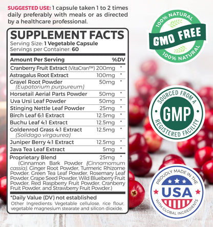Kidney Cleanse Detox (Non-GMO) Support Healthy Urinary Tract- Powerful VitaCran Cranberry Extract & Herbs – Healthy Kidney Support Supplement - 60 Vegetarian Capsules (No Pills)