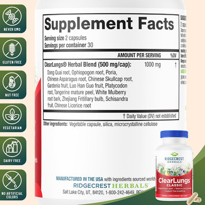 RidgeCrest Herbals ClearLungs Classic Natural Lung Health Support 60 Ct | 30 Servings, 13 Unique Herbs, Nasal Wellness, Respiratory and Bronchial Support, Sinus, Mucus and Immune Health