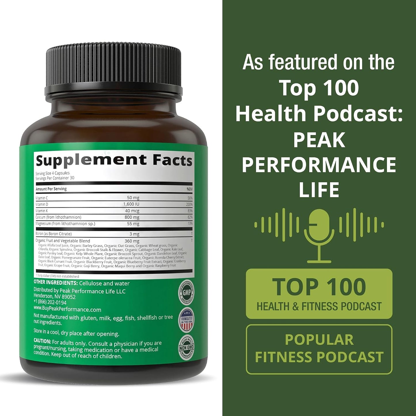 Plant Based Calcium - Red Marine Algae Calcium Supplement with Vitamin C, D3, K, Magnesium, and Whole Food Vegetable Blend. Vegan Capsules for Bones and Joints. 120 Pills, Tablets