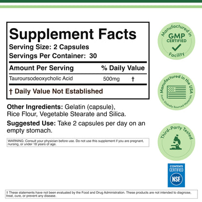 TUDCA Bile Salts Liver Support Supplement, 500mg Servings, Liver and Gallbladder Cleanse Supplement (60 Capsules, 250mg) Genuine Bile Acid TUDCA with Strong Bitter Taste by Double Wood