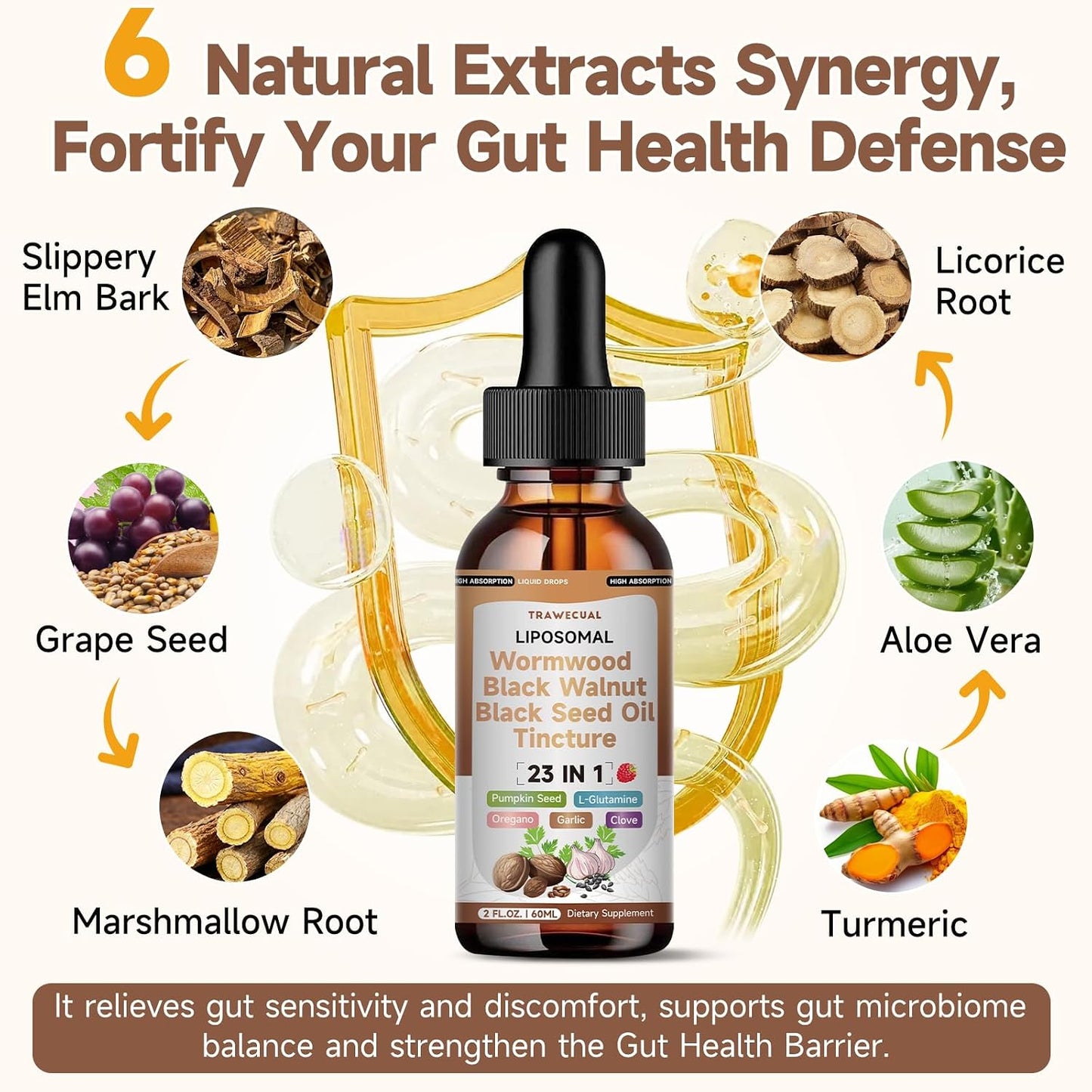 Wormwood Black Walnut Clove Cleanse Drops with Black Seed Oil, Pumpkin Seed, Oregano, Soursop, Neem, Berberine, Garlic, Rapid Gut Detox, Digestive & Gut Barrier Health, 23-in-1 with Liposomal, 2FL