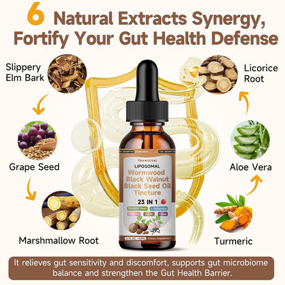 Wormwood Black Walnut Clove Cleanse Drops with Black Seed Oil, Pumpkin Seed, Oregano, Soursop, Neem, Berberine, Garlic, Rapid Gut Detox, Digestive & Gut Barrier Health, 23-in-1 with Liposomal, 2FL