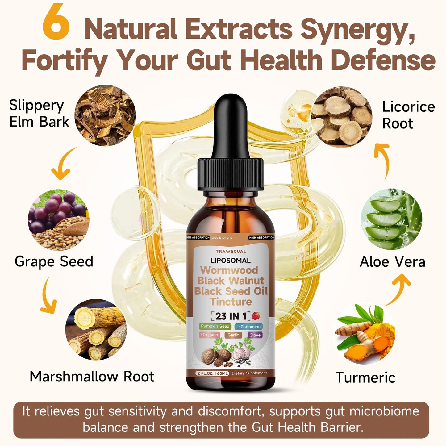 Wormwood Black Walnut Clove Cleanse Drops with Black Seed Oil, Pumpkin Seed, Oregano, Soursop, Neem, Berberine, Garlic, Rapid Gut Detox, Digestive & Gut Barrier Health, 23-in-1 with Liposomal, 2FL