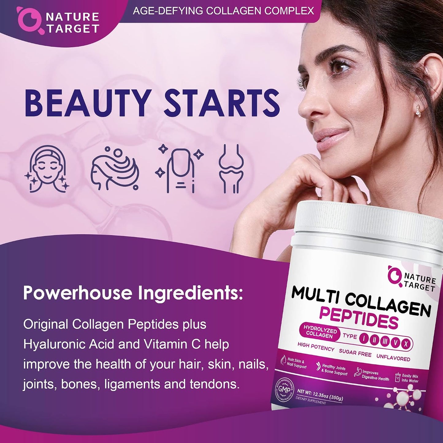 NATURE TARGET Multi Collagen Peptides Powder, 35 Servings | Type I, II, III, V, X, Hydrolyzed Collagen Peptides with Vitamin C Hyaluronic Acid, Supports Skin Hair Nail & Joint