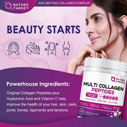 NATURE TARGET Multi Collagen Peptides Powder, 35 Servings | Type I, II, III, V, X, Hydrolyzed Collagen Peptides with Vitamin C Hyaluronic Acid, Supports Skin Hair Nail & Joint