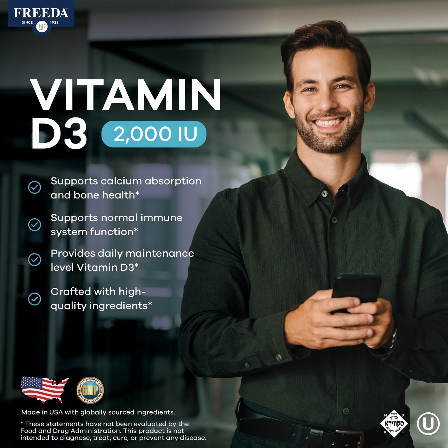 FREEDA Pure Vitamin D3 2000 IU Supplement – 250 Tiny Tablets | Moderate Strength Vitamin D3 Supplement - 50 mcg (2,000 IU) Supporting Bone, Joint, Muscle, and Immune Health for Women & Men