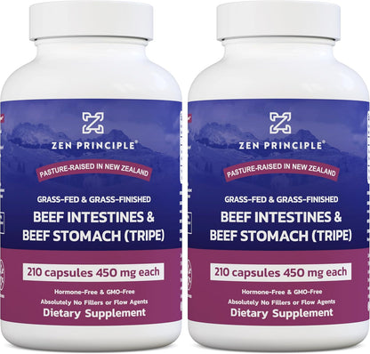 Zen Principle Grass Fed Beef Intestines with Stomach (Tripe) Supplement, Supports Digestive Health and Gut Balance, Supports Acid Reflux Balance, Natural Intestine Wellness, 2-Pack, 420 Capsules.
