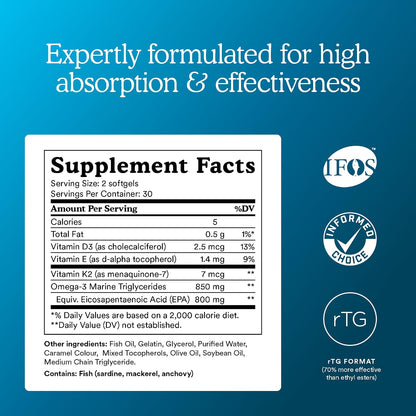 MitoQ Advanced EPA Omega-3 – High-Purity 800mg EPA Fish Oil Supplement | with Vitamin K2, D3, E | Cardiovascular, Brain, Cellular Support | No Fishy Aftertaste | 60 Softgels