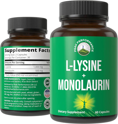 Peak Performance L Lysine 1000mg + Monolaurin 500mg High Potency Supplement for Lips, Skin, & Immune Support - L-Lysine 2-in-1 Bioavailable Supplements for Men and Women - 60 Capsules