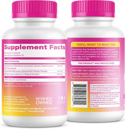 Pink Stork Saffron Extract for Mood Balance for Women, 30 Capsules | 88.5mg Saffron with Chamomile & Passionflower, Stress, Calm + Cortisol Support, Emotional Wellness + Hormonal Mood Balance
