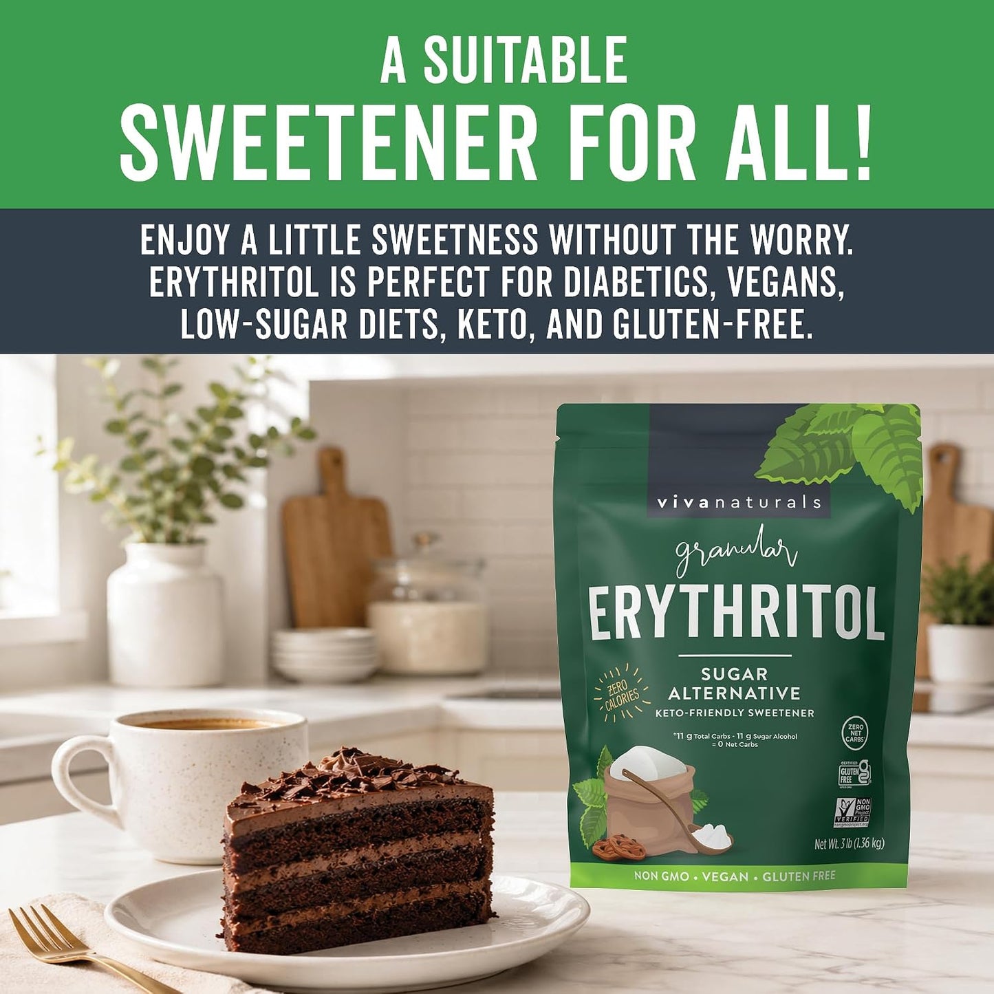 Viva Naturals Erythritol Sweetener, 3 lb – Zero Calorie Sugar Alternative, No Bitter Aftertaste, Low Glycemic Index, Ideal for Baking & Sweetening - Keto Friendly, Non-GMO