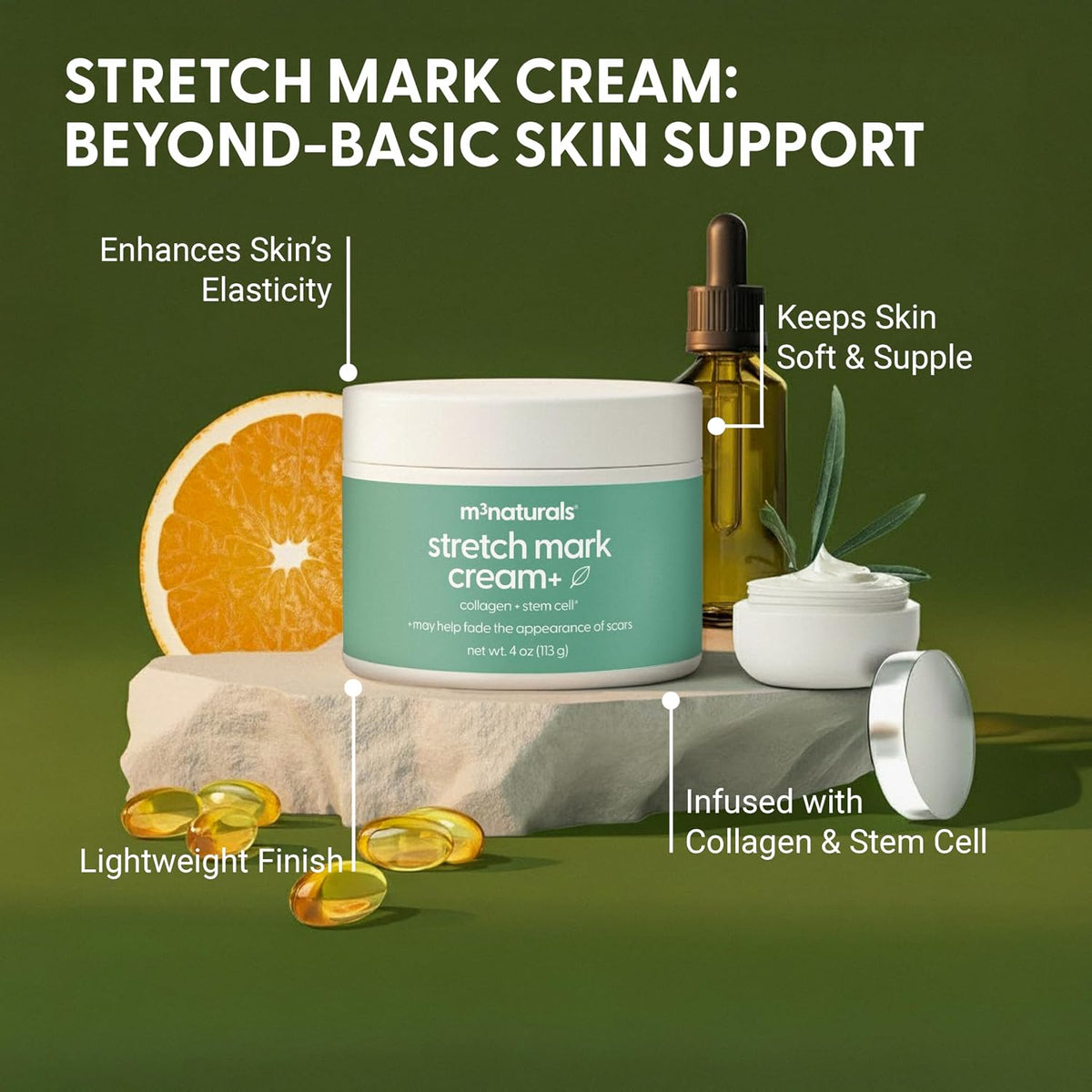 M3 Stretch Mark Cream for Pregnancy, with Collagen and Stem Cell, 4 oz