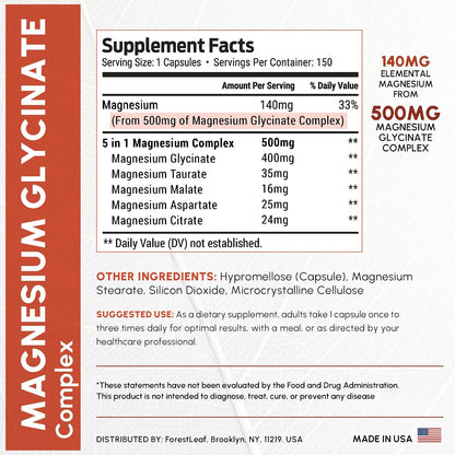 Magnesium Glycinate 500mg Complex - Magnesium Supplement Capsules for Sleep and Calmness - Non-GMO, 3rd Party Tested - 150 Pills for Women & Men by ForestLeaf