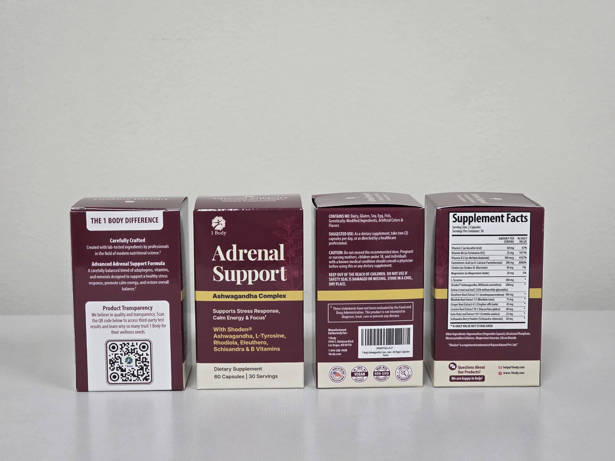 1 Body Adrenal Support Supplement, Shoden Ashwagandha + Cortisol, 60 Caps