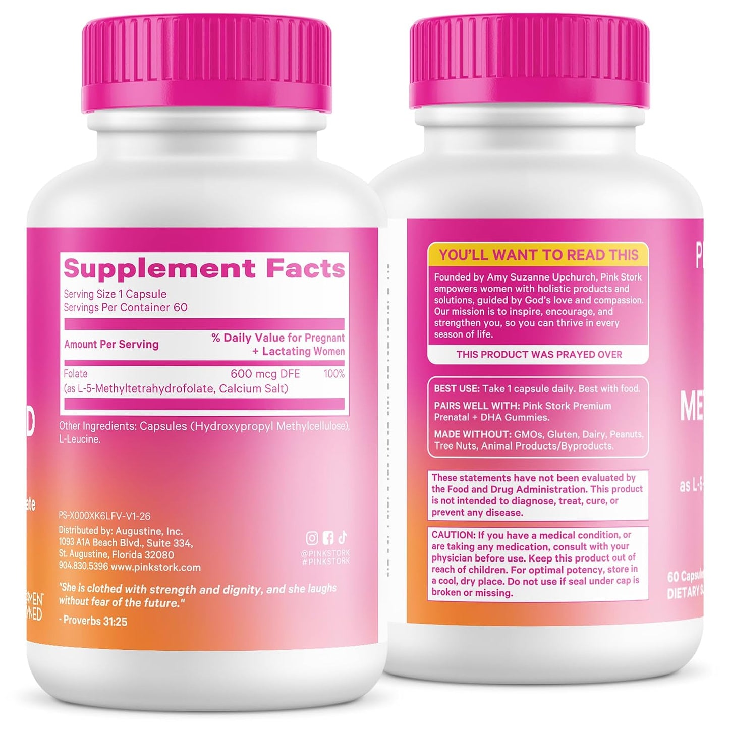 Pink Stork Folate: Methyl Folate - MTHFR Acid, Natural Form of Folic Acid for Pregnancy, Formulated for Mom + Baby, Women-Owned, 60 Capsules (Packaging May Vary)